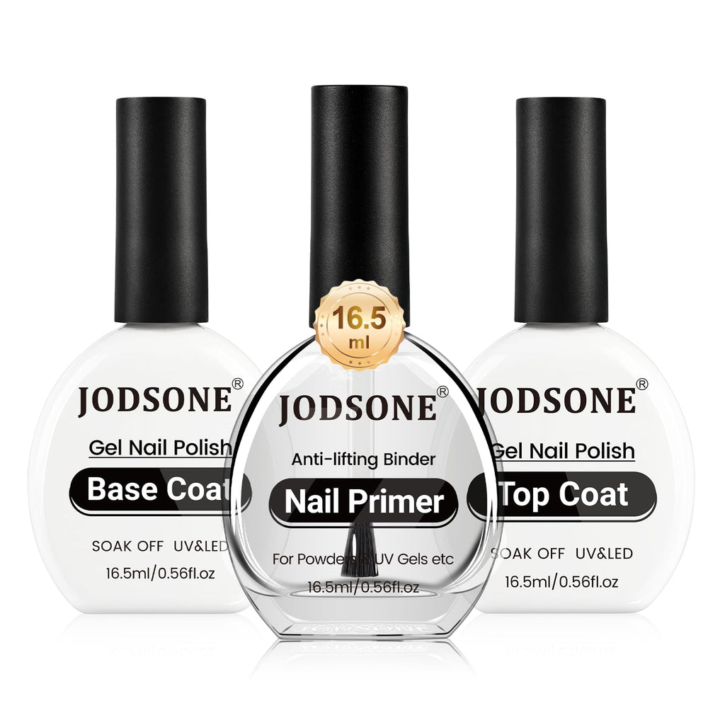JODSONE 3Pcs 16.5ml Top Coat and Base Coat Set with Nail Primer No Wipe Top Coat Base Need U V Lamp Cured Nail Primer for Helping Nail Polish Adhere Better to Natural Nail