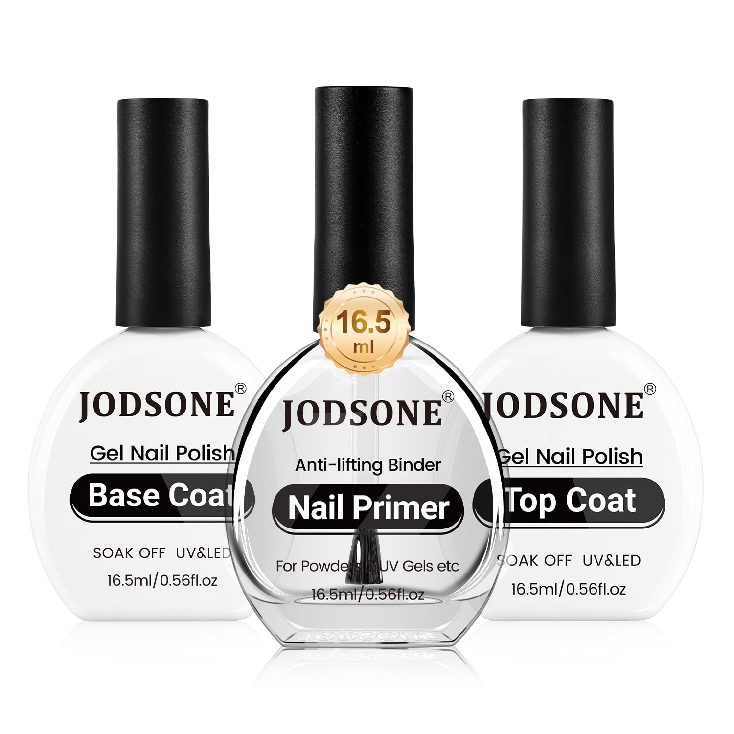 JODSONE 3Pcs 16.5ml Top Coat and Base Coat Set with Nail Primer No Wipe Top Coat Base Need U V Lamp Cured Nail Primer for Helping Nail Polish Adhere Better to Natural Nail
