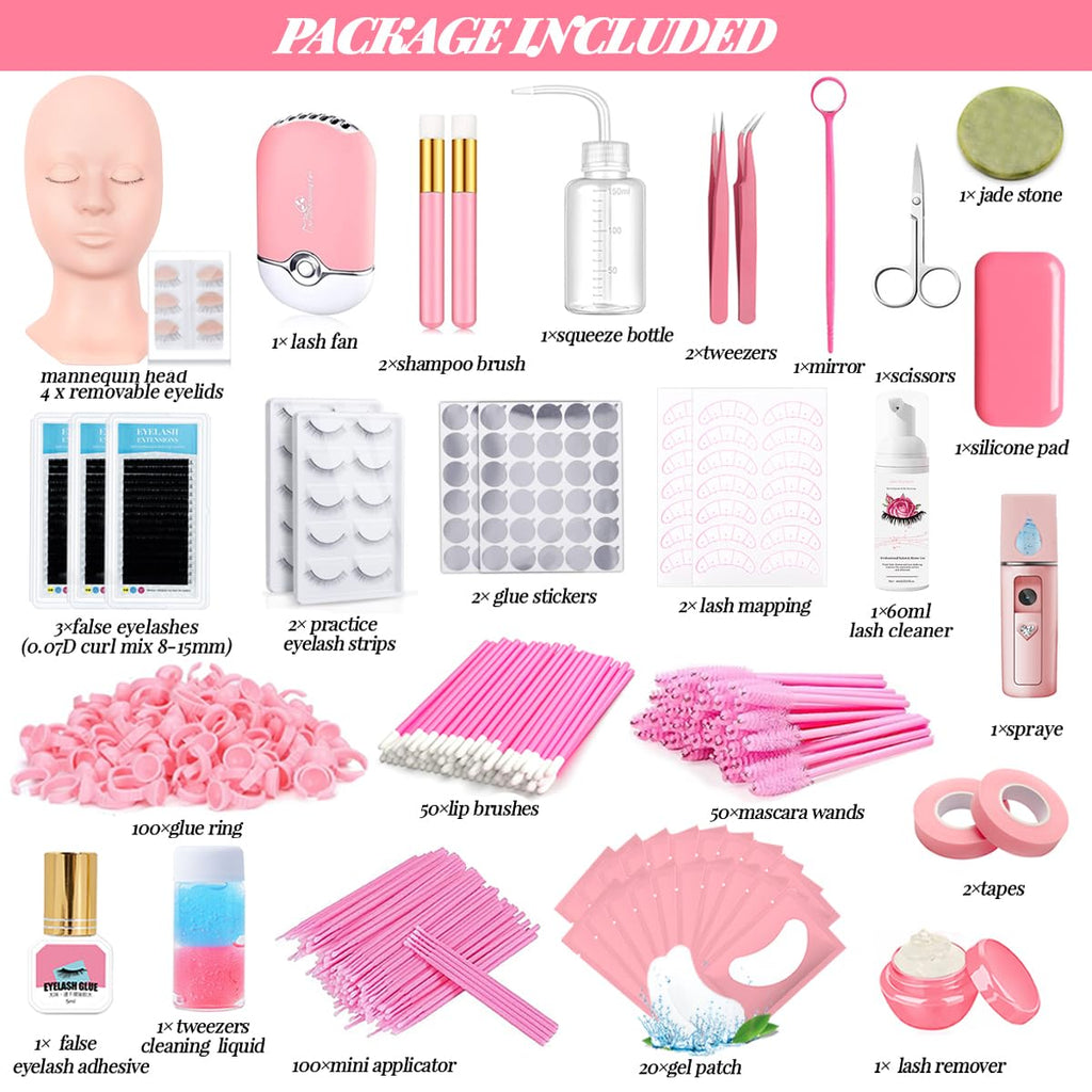Lash Extension Kit Eyelash Practice for Beginners Professional Set with Mannequin Head Removable Eyelids USB Fan Spraye Individual False Lash Eyelash Strips Shampoo Brush Supplies