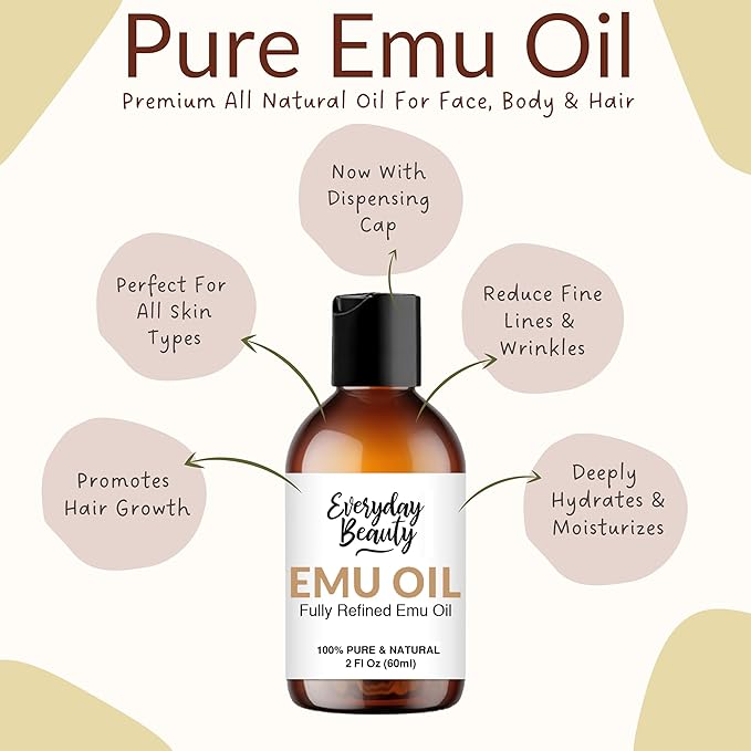 Pure Australian Emu Oil - All Natural 6X Refined for Face, Skin and Hair - Highly Effective Hydration for Sensitive Skin and Hair Growth - Perfect for Scars and Blemishes - 2 Fl Oz