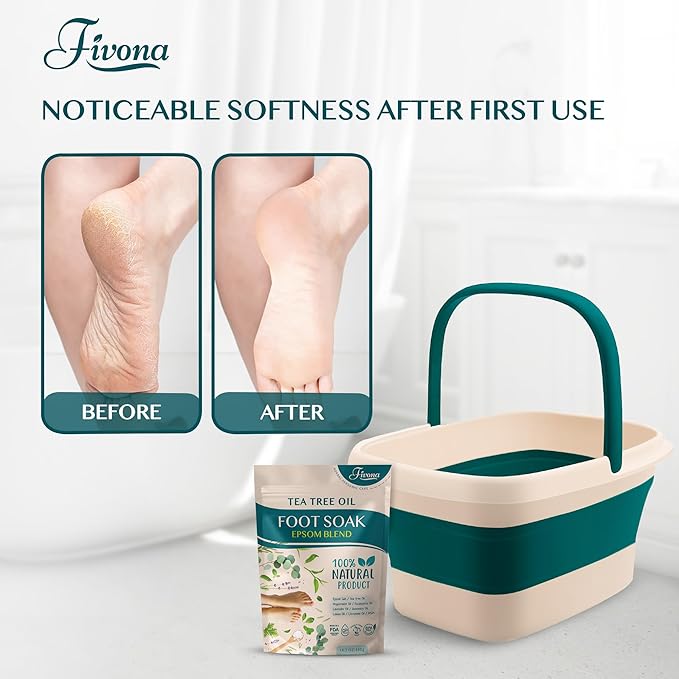 Fivona Foot Care Kit 2 in 1 - Foot Soak Blend with Epsom Salt, Tea Tree & Essential Oils - Collapsible Foot Soak Basin - Pedicure Spa Soak for Tired Feet, Cracked Heels, Stubborn Foot Calluses