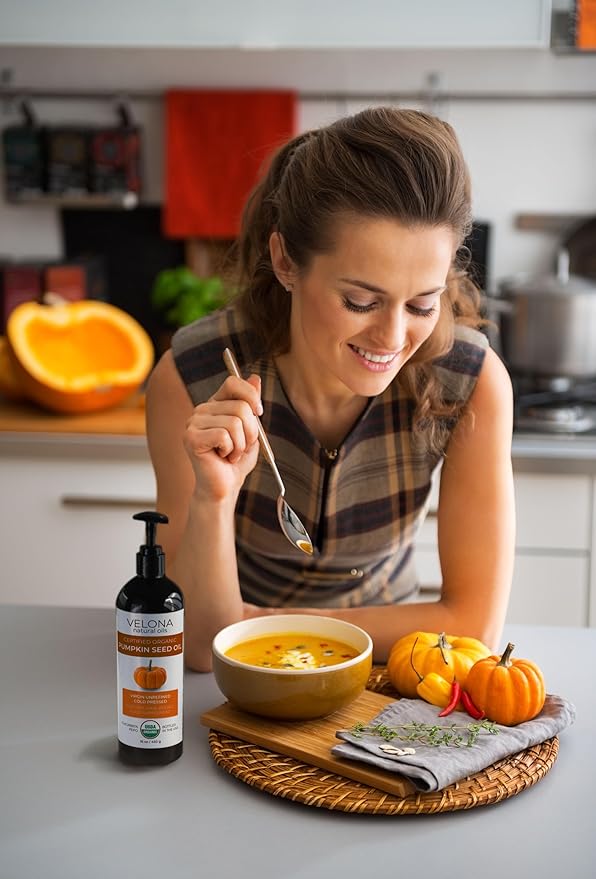 velona Pumpkin Seed Oil USDA Certified Organic - 16 Fl Oz | 100% Pure and Natural Carrier Oil | Unrefined, Cold Pressed | Cooking, Face, Hair, Body & Skin Care | Use Today - Enjoy Result