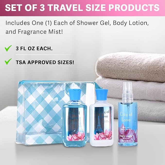 Bath & Body Care Travel Set - Home Spa Set with Body Lotion, Shower Gel and Fragrance Mist, Personal Body Care Travel Set (City of Love)