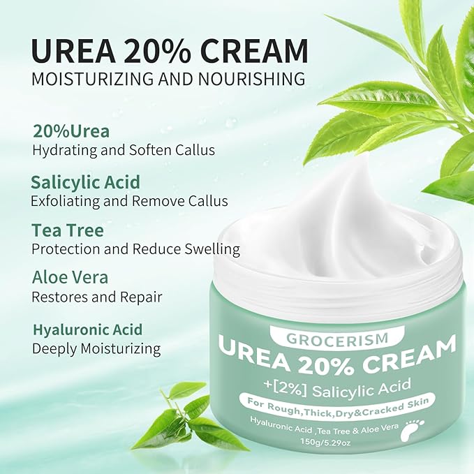 Urea Cream 20 Percent For Feet Plus 2% Salicylic Acid 150g || Foot Cream and Hand Cream Maximum Strength with Hyaluronic Acid, Tea Tree, and Aloe Vera for Deep Moisturizes