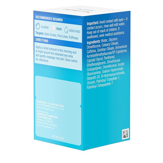 Neutrogena Hydro Boost + Eye Cream for Dark Circles & Puffiness, Under Eye Cream with Caffeine, Hyaluronic Acid and Peptides, Fragrance Free, 0.5 oz