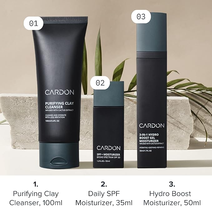 Cardon Cactus-Based Men's Skincare Set | Premium Korean Skincare for Sensitive Skin and Oily Skin | Water-based Face Moisturizer with SPF 30, Gentle Face Wash, Repairing Night Cream with Vitamin E