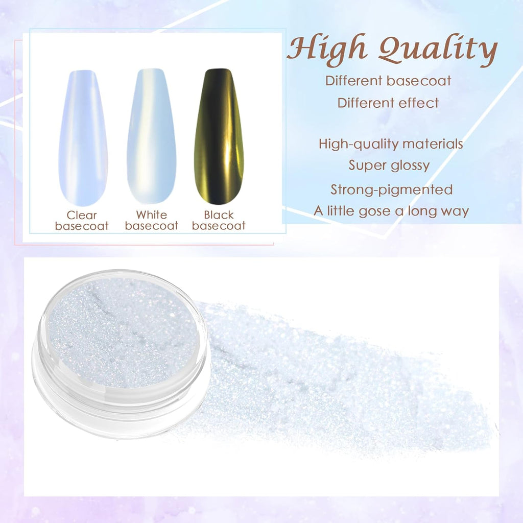 Laza White Chrome Nail Powder Glazed Donut Nails Metallic Effect Pigment Shimmer Pearlescent Mica Powder Iridescent Aurora Nail Glitter Fairy Dust Gel Nail Art Supplies Nail Techs – Pearl Chrome