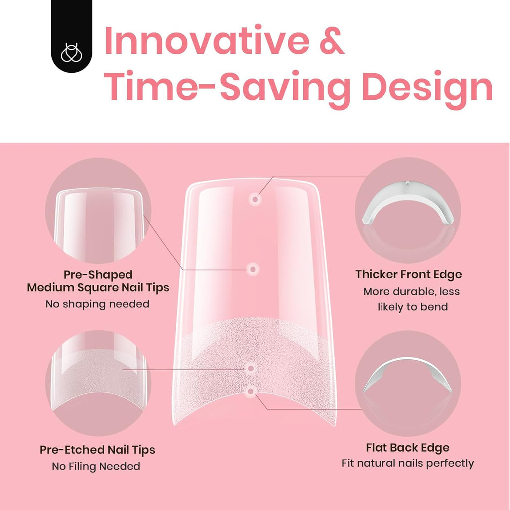 Beetles Gel Nail Tips Kit Etch-X, Square Medium, 288Pcs 12 Sizes, with 10mL Nail Glue, Pre-Etched Half Matte Half Cover Soft Acrylic False Nail Kit for Home DIY Salon Art Fall Press on Nail Extension