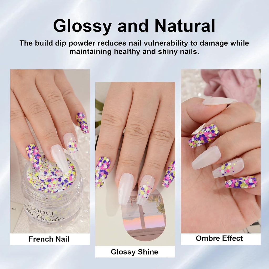 Dip Powder For Nails - Purple Pink Lime Green Hexagon Sequins - No Lamp Curing - Long Lasting Colors - Nail Art Starter Manicure DIY At Home - 1oz