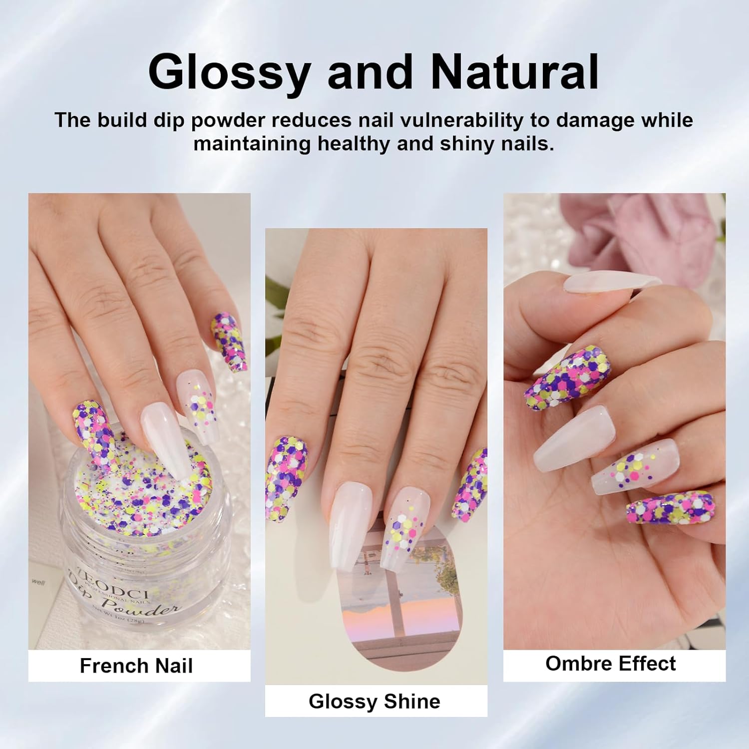 Dip Powder For Nails - Purple Pink Lime Green Hexagon Sequins - No Lamp Curing - Long Lasting Colors - Nail Art Starter Manicure DIY At Home - 1oz