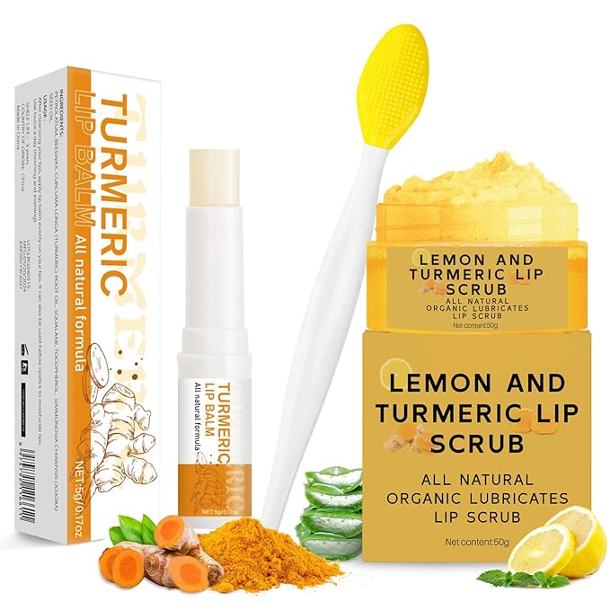 3PCS Turmeric Lip Balm and Turmeric Lemon Lip Exfoliator Scrub with Brush Set, Dark Lips Treatment for Smokers, Natural Exfoliator & Moisturizer Cracked, Dull, Reduce Fine Lines Lips