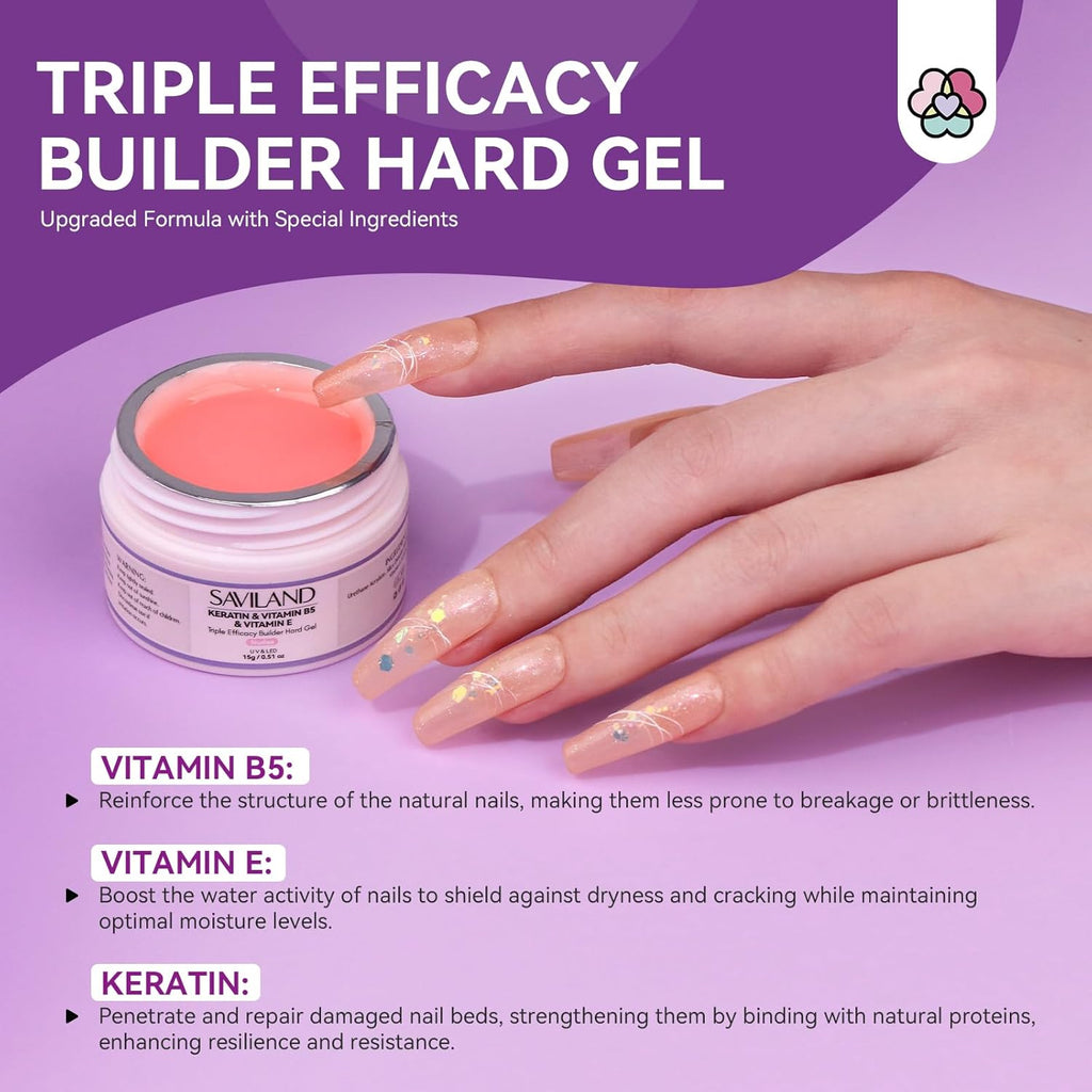 SAVILAND Builder Nail Gel Set with Nail Drill - 3 Pcs Hard Gels(VE&VB5&Kerain) Clear Pink Nudes Builder Nails Gel with Lamp Brush Nails Strengthener Gels for Extension Shaping DIY at Home Salon