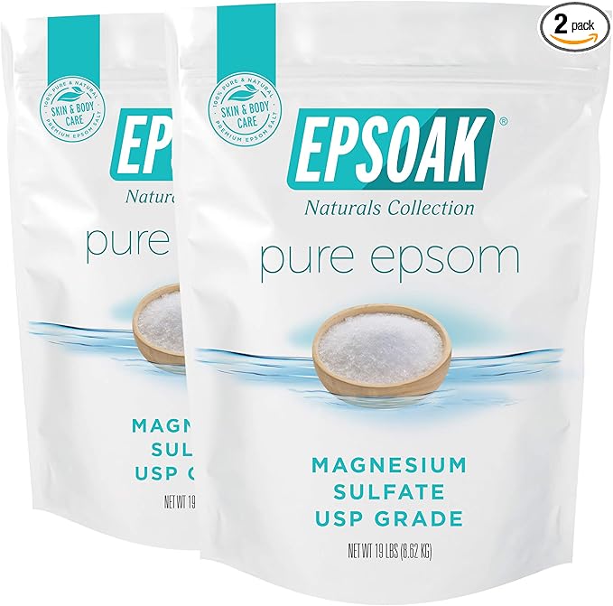 Epsoak Epsom Salt 38 lb. Magnesium Sulfate USP. (Qty. 2 x 19lb. Bags) Resealable Epsom Salt Bulk Bags Unscented, Made in The USA, Cruelty-Free Certified