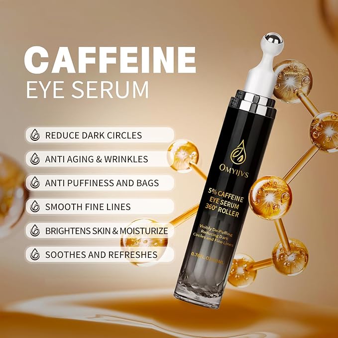 Caffeine Eye Cream, Under Eye Cream for Dark Circles and Puffiness, Eye Serum Anti-aging, Brightens, and Fine Lines, Eye Care Eye Roller Serum with 360° Massage Ball 20ML