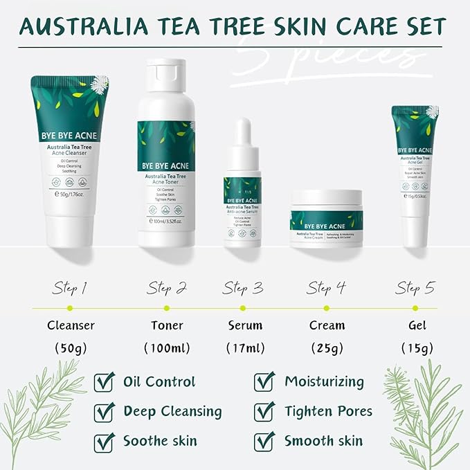 5 Pcs Tea Tree Acne Trea-tment for Face Skin Care Kit - Skin Care for Teens 10-12 - Skincare Gift Set - Acne Kit with Cleanser,Serum,Toner,Gel,Cream - Mother's Day Gifts for Mom