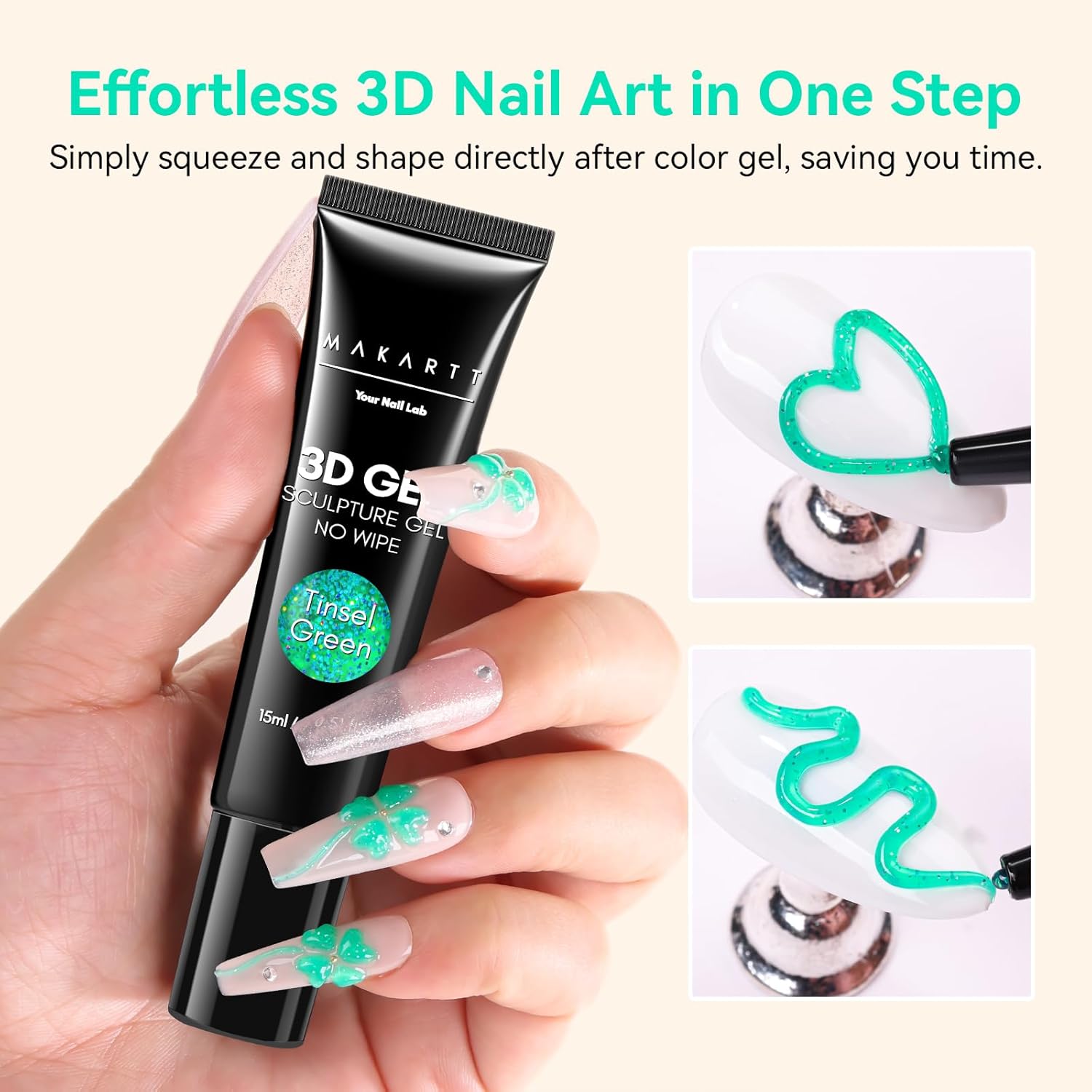 Makartt 3D Gel Nail Art- 3D Nail Gel Sculpting Gel for Nail Designs 15ml 3 in 1 No Wipe Polish for Drawing Carving Nails Molding Gels for Nail Decoration Charms- Tinsel Green