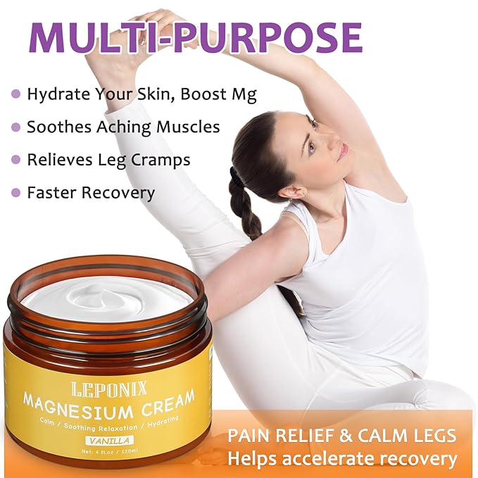 LEPONIX Magnesium Cream for Sleep - Topical Magnesium Lotion for Muscle Relaxation, Leg Cramps, Pain Relief & Better Sleep, Soothing Magnesium Body Butter for Adults & Kids (120ml, Vanilla)