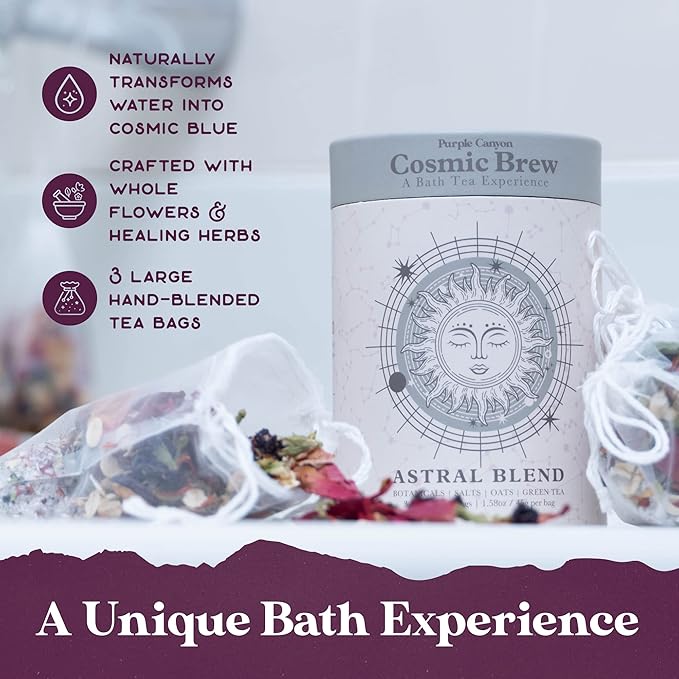 Astral Blend Bath Tea by Purple Canyon | 3 Purifying Bath Soaks with Sage, Rose, Lemongrass, and Rosemary | Stress Relief Gifts for Women