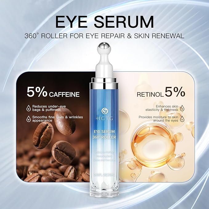 Eye Serum with 5% Caffeine & 5% Retinol for Dark Circles, Puffiness Puffy Bags & Wrinkles Fine Lines - Under Eye Cream Anti Aging Treatment with 360° Massage Roller Ball for Men & Women