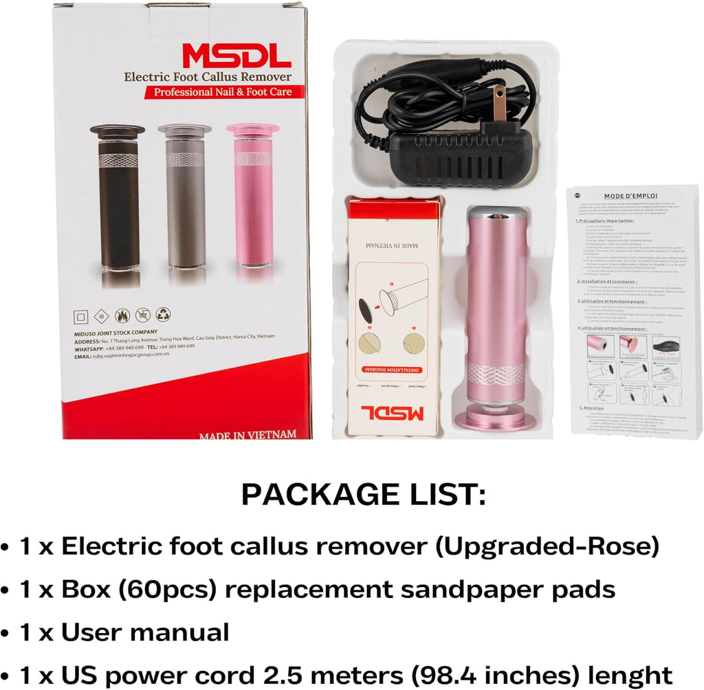 High Power Electric Foot Callus Remover, 2025 Upgrade with 100-inch Extra-Long Cord and 60 Replaceable Sandpaper Discs, Electric Foot File for Cracked Heels and Dead Skin, Rose Pink