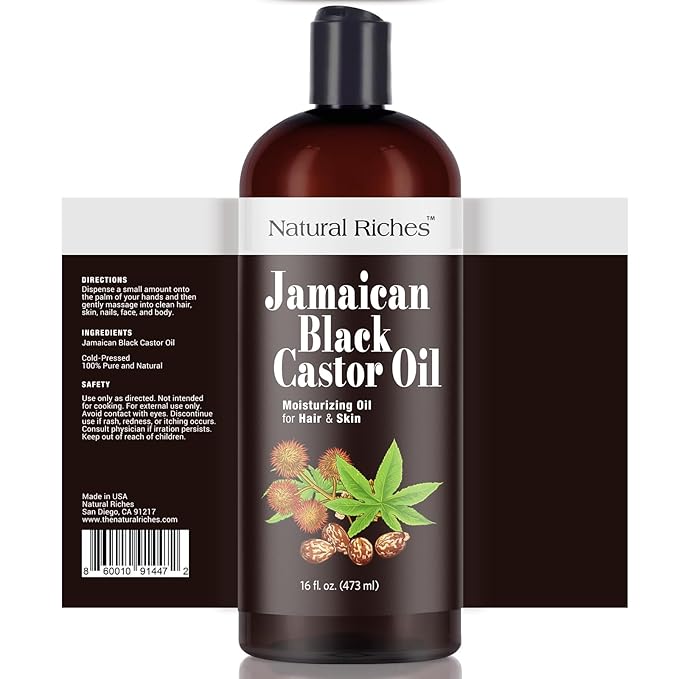 Natural Riches Jamaican Black Castor Oil Pure Organic Cold Pressed for Hair Growth Skin Care for Dry Skin Conditioning Eyebrows Eyelashes Scalp and Nail Moisturizes & Repairs 16fl.oz.