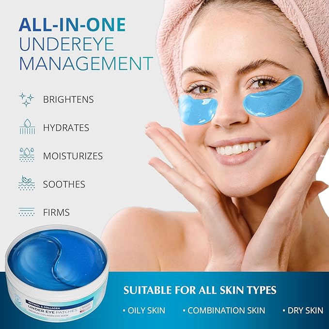Under Eye Patches for Dark Circles: Under Eye Mask for Wrinkles - Eye Bags - Fine Lines - Puffy Eyes - Gel Mask - Amino Acid - Hydrolyzed Collagen - Anti Wrinkle Patches - Blue Eye Patches - 30 Pairs