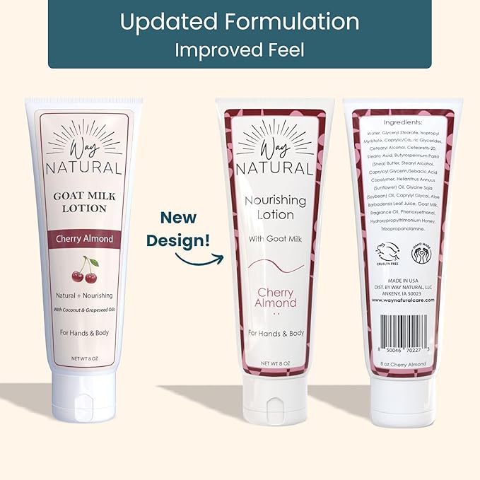 Goat Milk Lotion, Cherry Almond (8oz) - Natural Hand & Body Lotion - Dry Skin Relief, USA Made - Goat Milk Hand Cream for Women & Men - w/Shea Butter & Aloe