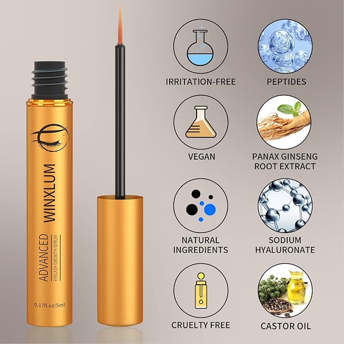 Premium Eyelash Growth Serum, Lash Growth Serum 5ML, Eyebrow Growth Serum with Peptides, Irritation-Free Eyelash Serum to Grow Lashes, Lash Boost for Fuller, Longer, Thicker, and Stronger Lashes, Gold
