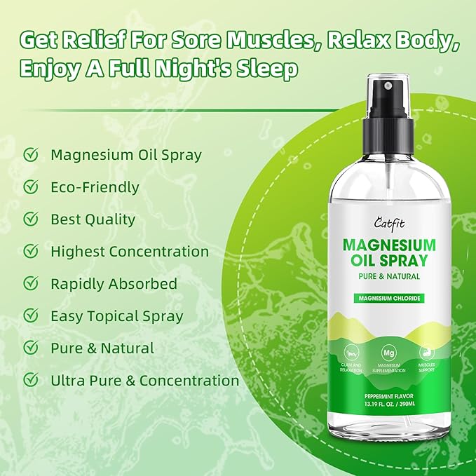 Magnesium Oil Spray - Pure & Natural Magnesium chloride Oil - Topical Magnesium Spray for Feet and Sleep, Soothing Muscles, Mood Support - High Absorption - Peppermint Flavor 390ml(13.19 Oz)