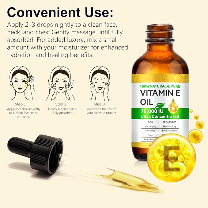 Vitamin E Oil for Scars 2.02 FL OZ- All Natural & Vegan Skin Moisturizer - Light and Unscented Great for Post Surgery Scars - Reduce Wrinkles, Anti Aging - Face, Skin & All Over
