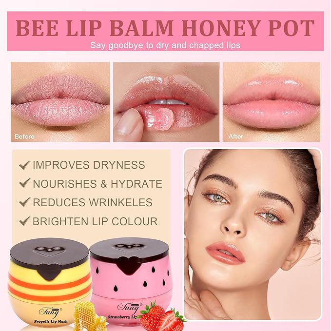 Honey Lip Balm, Bee Lip Balm Honey Pot,Moisturizing Lip Mask Overnight,Hydrate Repair Prevent Dry Cracked Lip Care (3, Honey+Strawberry+Watermelon)