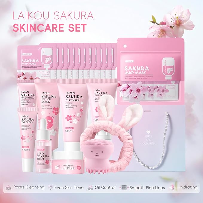 Sakura Skincare Set for Teen Girls, Complete 34PCS Face Care Kit, Christmas Pamper Gift Set for Women & Teenage Girls, Hydrating & Nourishing Travel-Friendly Daily Facial Skincare Routine