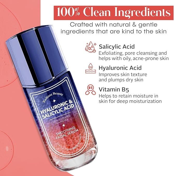 Hyaluronic Acid Facial Serum - Anti-Aging, Deep Hydration, Smooths & Cleanses - Salicylic Acid for Pore Cleansing - Dermatologist Tested, Korean Skin Care - 1.69 FL.OZ.