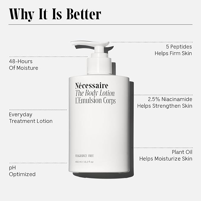 Nécessaire The Body Lotion with Pump. Fragrance-Free. Multi-Peptide Firming Lotion to Moisturize, Firm, Strengthen. 2.5% Niacinamide, Vitamin C/E + Omega 6/9. 450ml / 15.2 fl oz