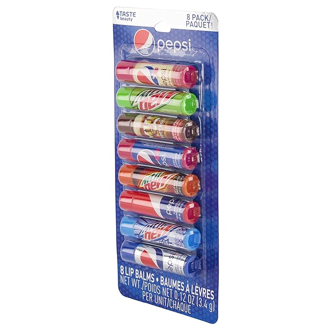 Taste Beauty Pepsi 8 Pack Lip Balm (Pepsi Cherry Vanilla, Mountain Dew, Mug, Pepsi Wild Cherry, Classic Pepsi, Mountain Dew White and Live Wire, Diet Pepsi)