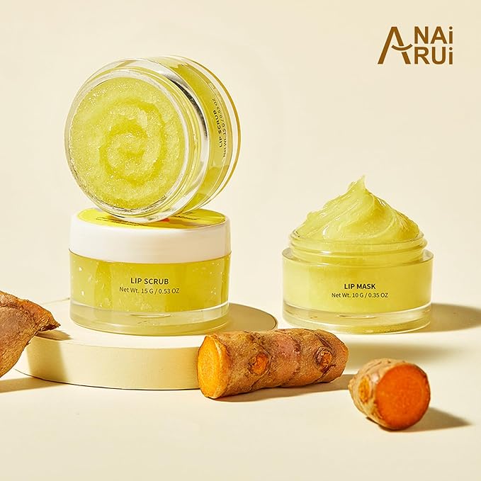 ANAI RUI Lip Care Kit - Sugar Scrub Set, Sleeping Mask & Exfoliator - Overnight Skin Treatment - Scrub & Moisturizer for Dry Chapped Cracked Peel Lips (Turmeric+Honey)