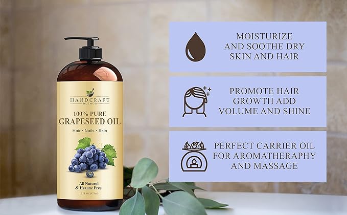 Handcraft Blends Grapeseed Oil - Cold-Pressed 16 Fl Oz - 100% Pure and Natural - Premium Grade Carrier Oil for Skin and Hair - Hair and Body - Massage - Hexane-Free