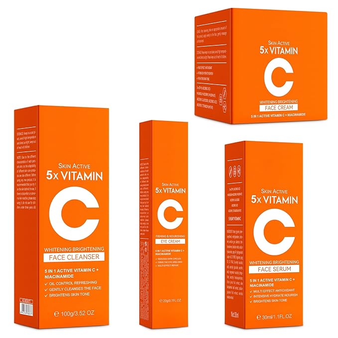 Vitamin C Skincare Set, 4PCS Travel Skincare Set With Facial Cleanser, Eye Cream, Serum & Face Cream, Facial Skincare Set for Teen Girls and Women for Moisturizing, Anti-Aging, Anti-Wrinkle