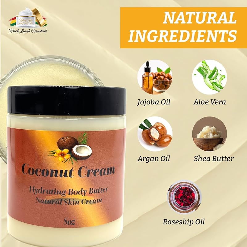 Ultra-Soft Shea Body Butter, Dry Skin Cream for Radiant Moisturized Skin, Natural Hydrating Body Lotion with Aloe Vera, Argan Oil, Rosehip Oil, (Coconut Cream, 8oz)