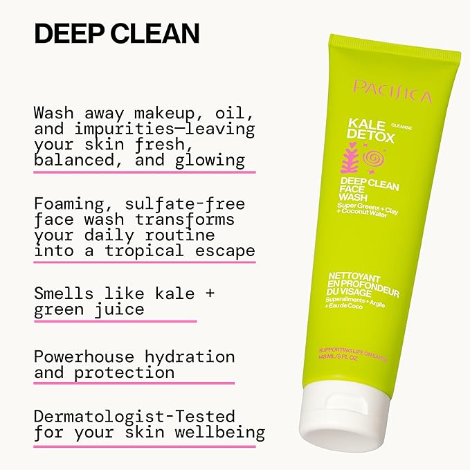 Pacifica Kale Detox Face Wash for Oily & Acne-Prone Skin, Deep Cleansing Facial Cleanser & Makeup Remover with Super Greens Kale, Seaweed & Clay, 5 fl oz –Clean Beauty, Vegan & Cruelty-Free