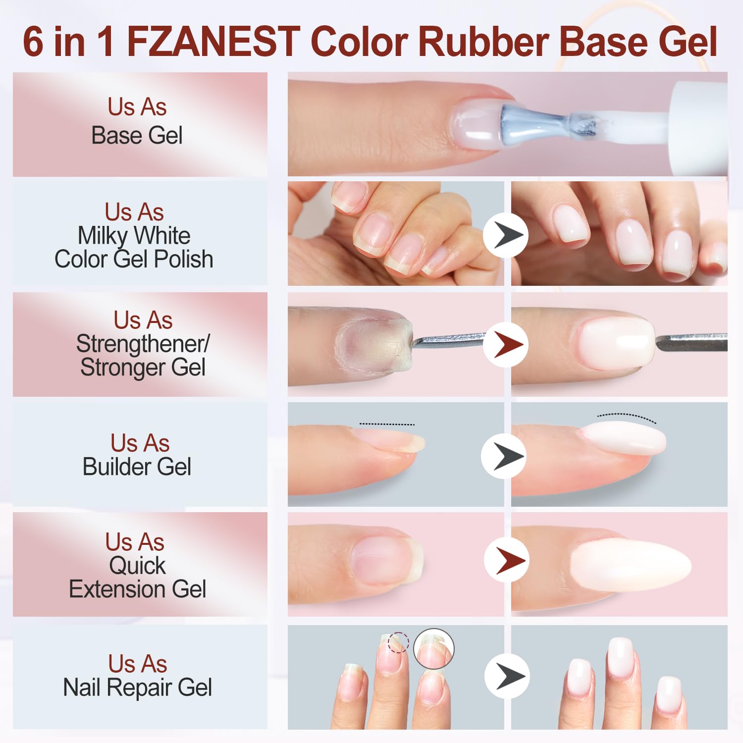 FZANEST Rubber Base Builder Gel for Nails Kit, 6pcs*7.5ml in a Bottle, Nail Strengthener Extension With Jelly Natural Nude Pink Colors, UV Soak Off Polish