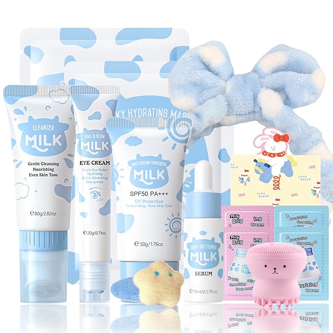 14 In 1 Milk Skincare Set for Women & Teens, Facial Kit for Women, Facial Skin Care Sets & Kits with Cleanser, Serum, Cream, Sunscreen, Eye Cream, Mask, Hair Band, Face Brush, Greeting Card, Hairpin