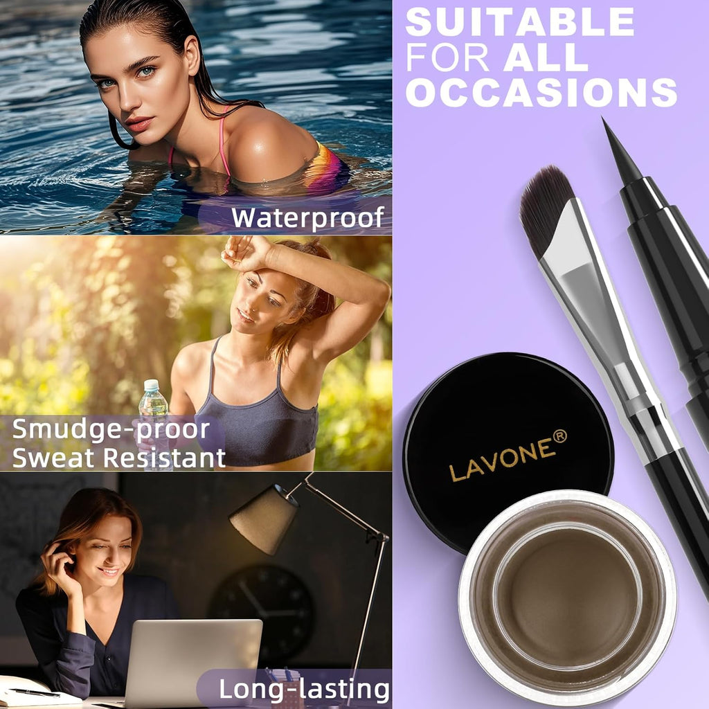 LAVONE Eyeliner Set - Waterproof Makeup Kit with Liquid eyeliner Pencil, Gel Eyeliner & Angled Eye liner Brush, Waterproof, Smudge Resistant, Long Lasting Formula - Ash Brown