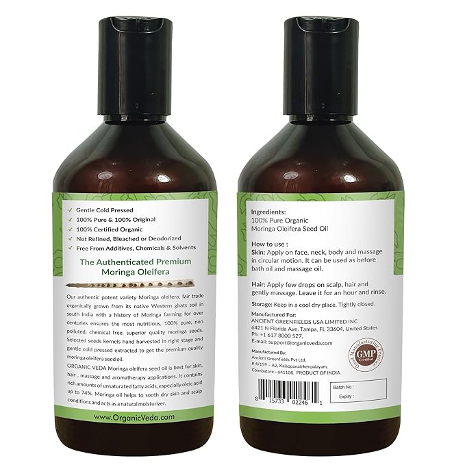 Organic Veda Moringa Oil - Pure Cold Pressed Organic Moringa Seed Oil - Natural Face Oil for Women, Moisturizing Hair Oil - Virgin Moringa Oleifera Oil for Skin, Body, Scalp Care & Nails - 16 fl.oz