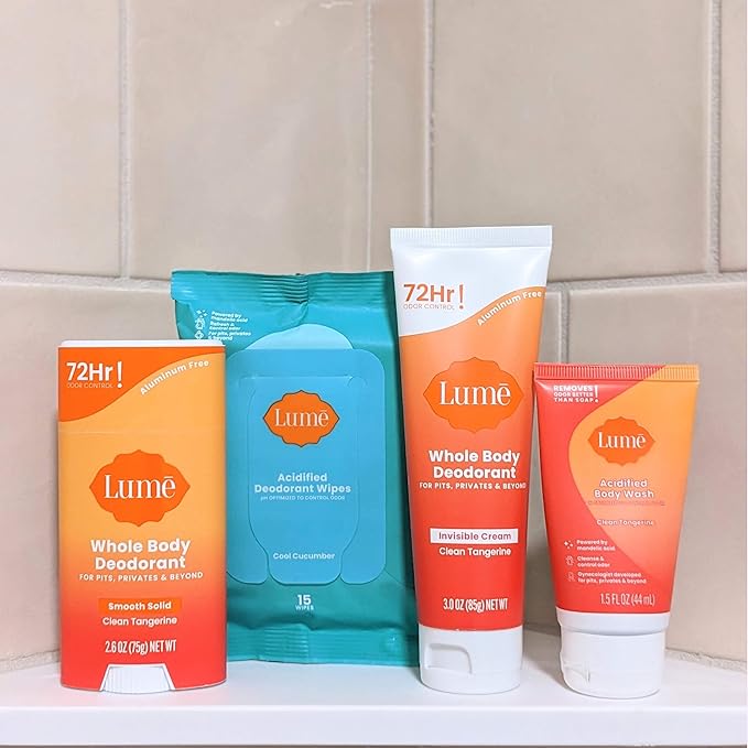 Lume Skin Care Gift Set for Women, Whole Body Deodorant Starter Pack -Smooth Solid Stick, Invisible Cream Tube, Acidified Body Wash Mini & Deodorant Wipes -Aluminum Free Odor Control (Clean Tangerine)