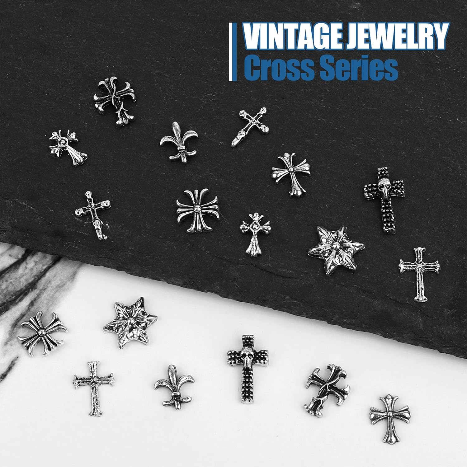 Artdone Nail Art Studs Kit, 3D Silver Cross Nail Charms and Star Gems Bulk Nail Jewels Shiny Crosses for DIY Professional Manicures Decoration