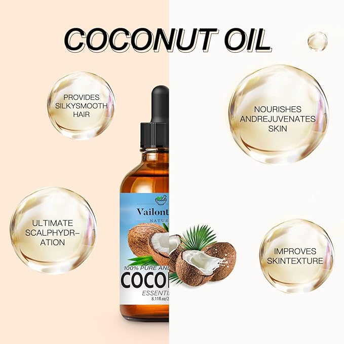 Coconut Oil - Carrier Oil for Hair Growth,Relaxing Massage and Body Oil, Pure Non-Greasy Coconut Oil for All Hair Types and Skin(Coconut Oil, 8 Fl Oz)