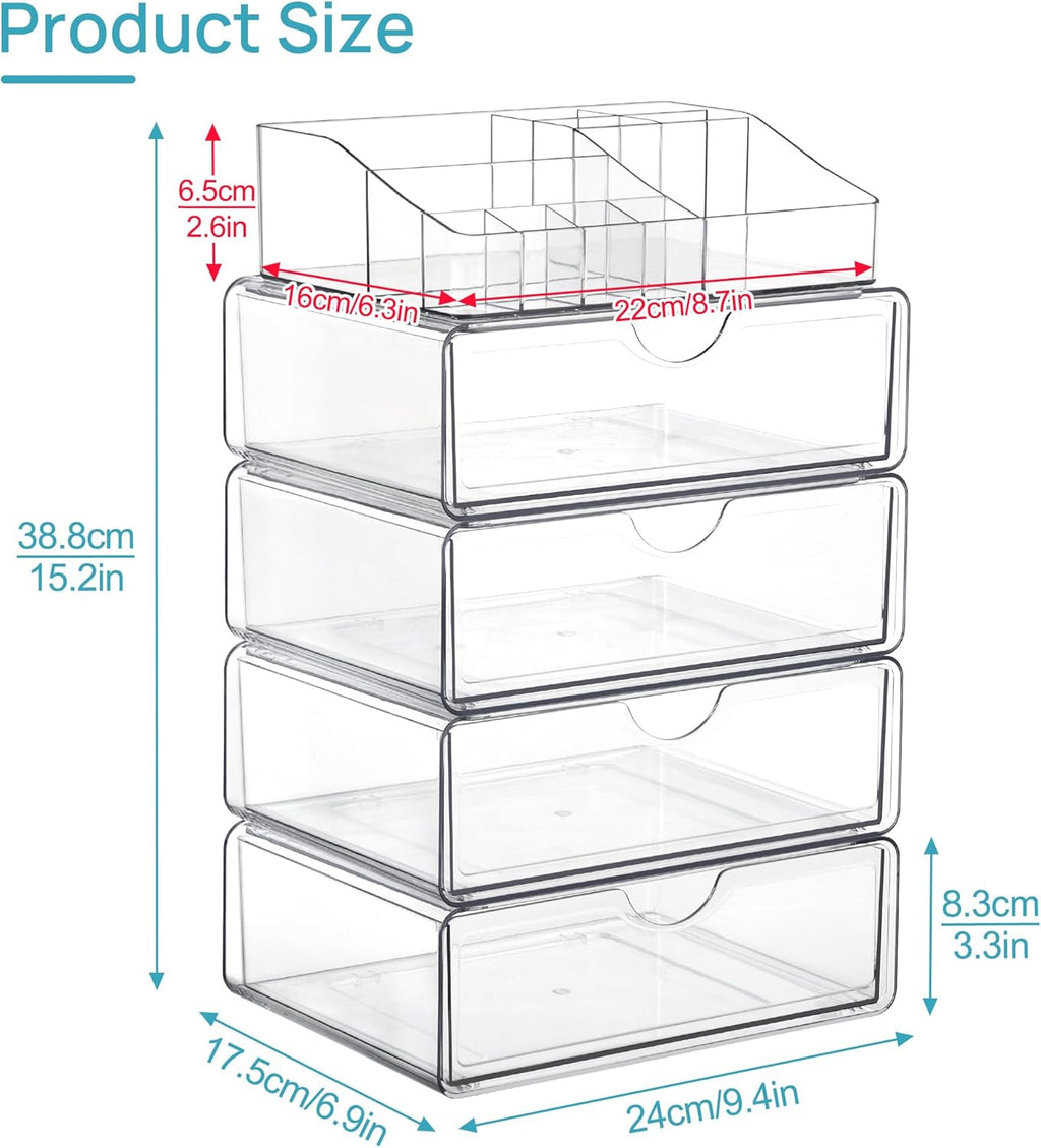 Vtopmart 5 Tier Clear Makeup Organizer with Drawer, Cosmetic Storage for Dresser Countertop and Bathroom Vanity, Beauty Holder for Lipstick Brush Skincare