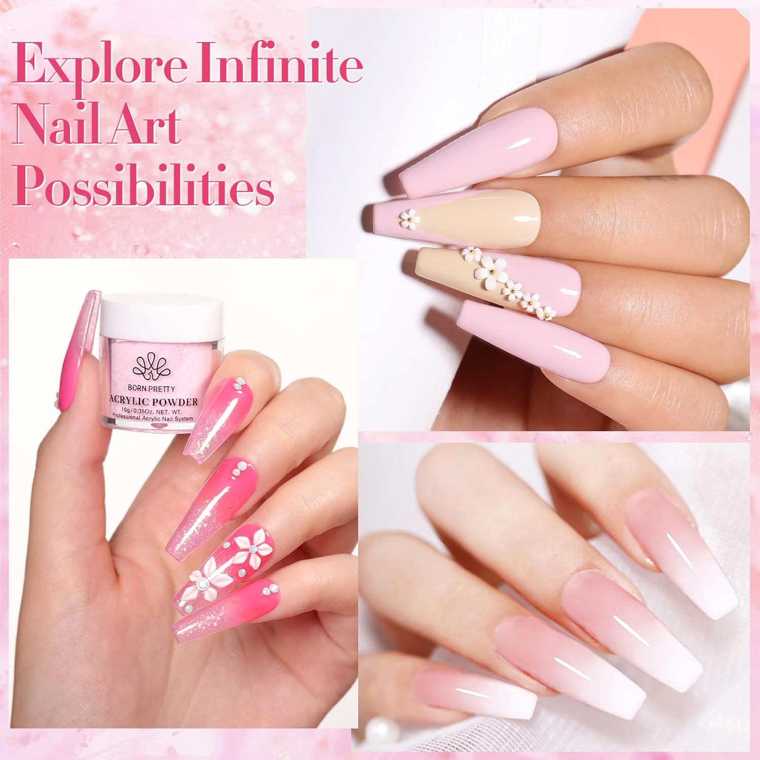 BORN PRETTY Acrylic Nail Kits Full Set,87PCs Pink White Clear Glitter Grey Acrylic Powder and Liquid Set for Beginners,with Nail Pre Dehydrator Nail Primer Nail Tips