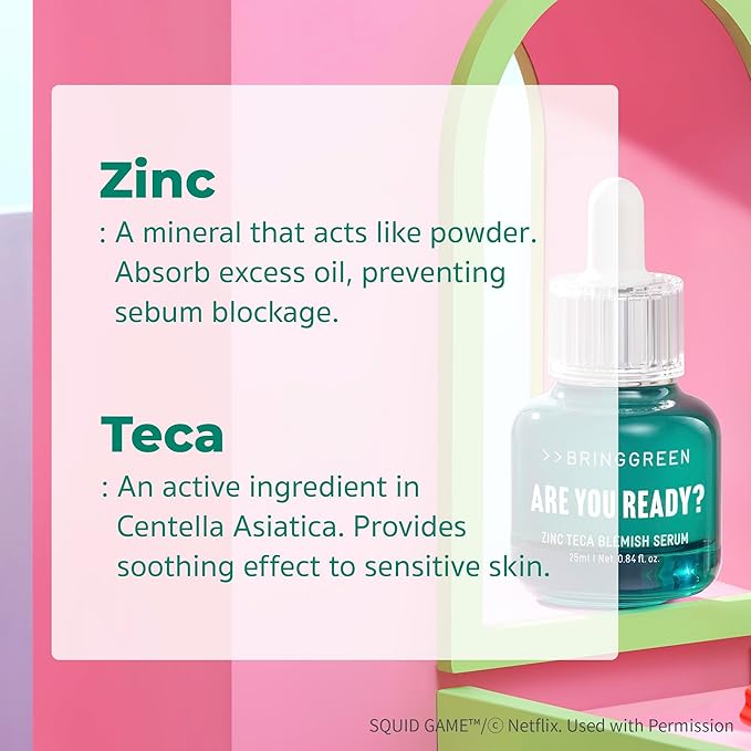 BRING GREEN X NETFLIX SQUID GAME Edition Zinc Teca Serum 25mL | Calming Serum for Skin Soothing & Oil Control | Includes Free Gonggi Tossing Game as Seen in Squid Game